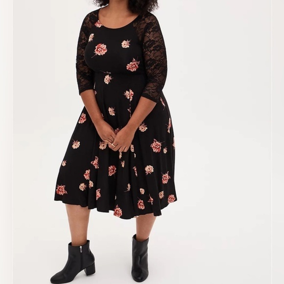 Torrid Super Soft Black Floral Midi Dress NWT - Picture 1 of 11